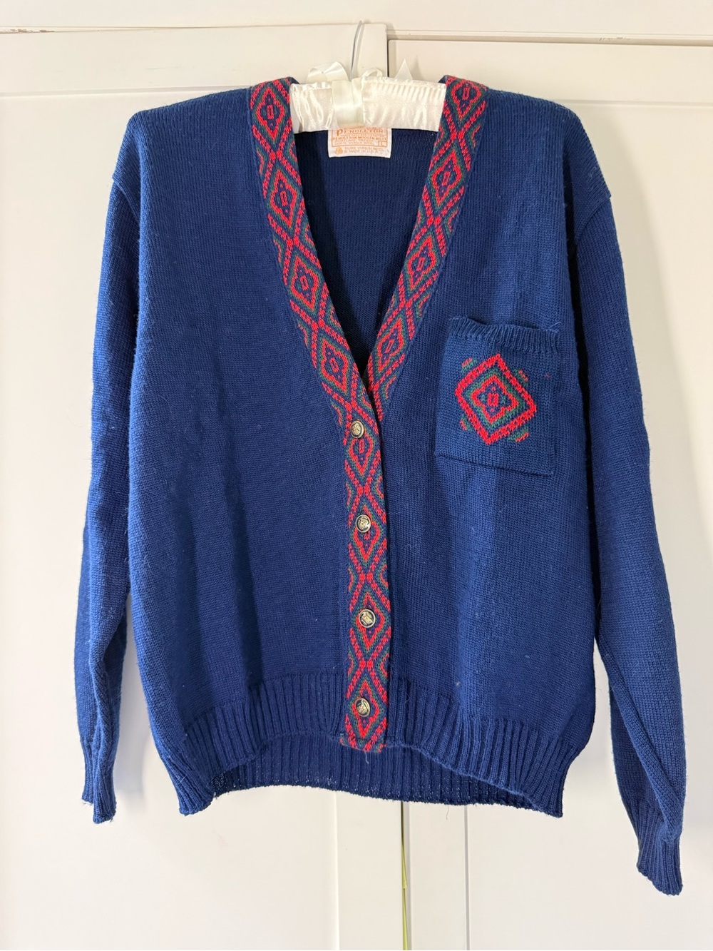 Pendleton Navy Knit Cardigan with Red Geometric Trim